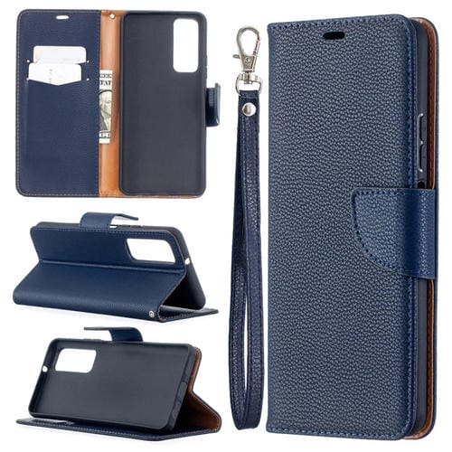Para Huawei P Smart 2021 / Y7A Litchi Texture Color Pure Horizontal Flip PU Funda de cuero con soporte y tragamonedas de tarjetas y billetera y cordón (azul oscuro)