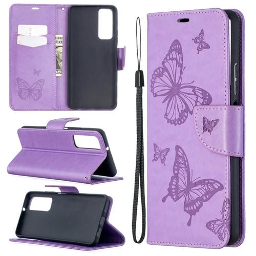 Para Huawei P Smart 2021 / Y7A Dos mariposas Patrón de estampado en relieve Funda de cuero de la tapa con soporte y tarjeta Slot & Wallet & Lanyard (púrpura)