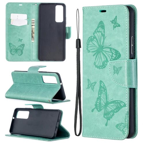 Para Huawei P Smart 2021 / Y7A Dos mariposas Estuche de cuero Horizontal Flip Flip con titular y ranura para tarjeta y billetera y cordón (verde)