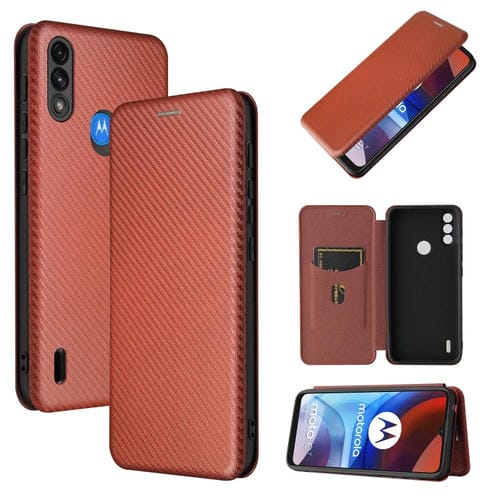 Para Motorola Moto E7 Potencia Fibra de carbono Textura Magnético Horizontal Flip TPU + PC + Funda de cuero PU con ranura para tarjeta (Marrón)