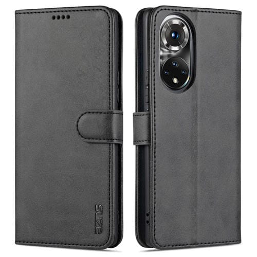 Para Honor 50 PRO AZNS Siente la piel de la piel de la carne de becerro Funda de cuero de la tapa horizontal con ranuras y soporte para tarjetas y billetera (Negro)