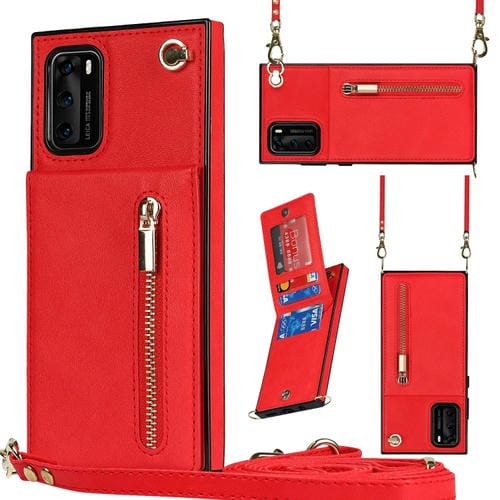 Para Huawei P40 Cross-Body Zipper Square TPU + PU Funda trasera con soporte y tragamonedas y billetera y correa (rojo)