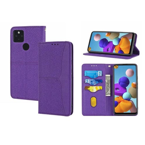 Para Google Pixel 5A 5G Textura tejida Costura Magnética Horizontal Flip PU Funda de cuero con soporte y tragamonedas de tarjetas y billetera y cordón (púrpura)