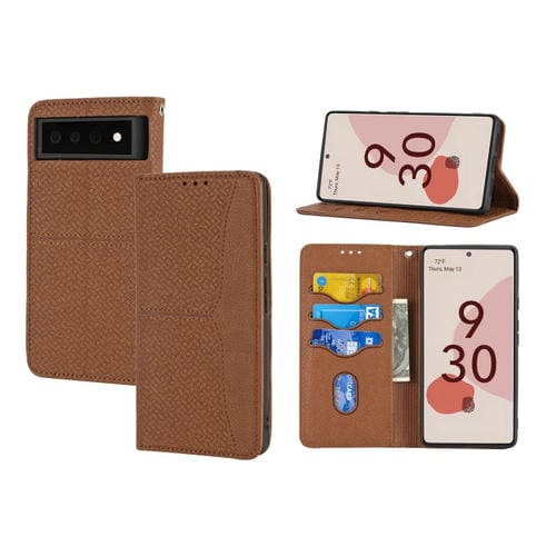 Para Google Pixel 6 Textura tejida Costura magnética Horizontal Flip PU Funda de cuero con soporte y ranuras para tarjetas y Filtera (Brown)