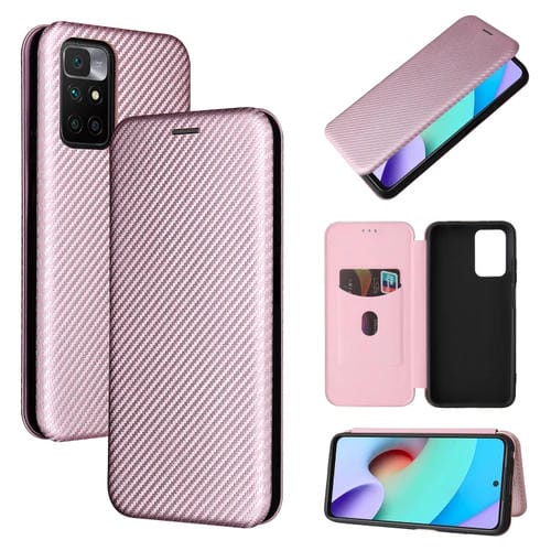 Textura de fibra de carbono Magnético Horizontal Flip TPU + PC + Funda de cuero PU con ranura para tarjeta para Xiaomi Redmi 10 (rosa)