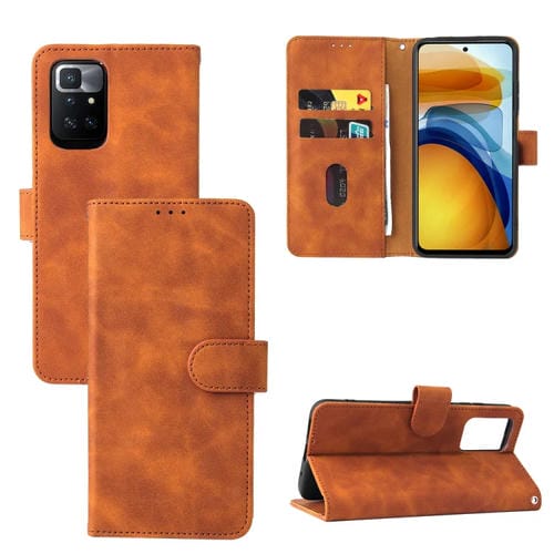 Piel de color sólido Siente la hebilla magnética Horizontal Flip TEXTURE TEXTURE PU Funda de cuero con soporte y tragamonedas y billetera para Xiaomi Redmi 10 (Brown)