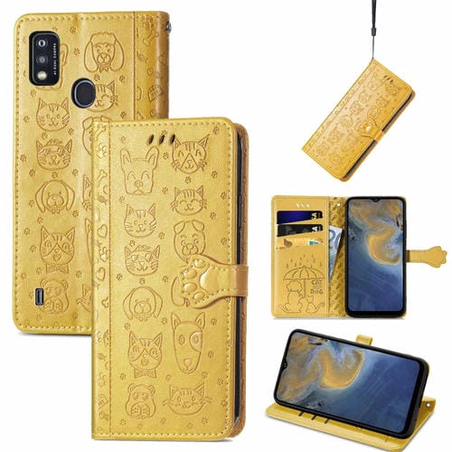 Funda para ZTE A51 con Soporte, Tragamonedas, Billetera y Cordón, Estampado Gato y Perro (Amarillo)