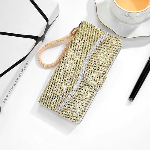 Para Google Pixel 4A 5G Glitter Powder Horizontal Flip Funda de cuero con ranuras y soporte para tarjetas y cordón (oro)