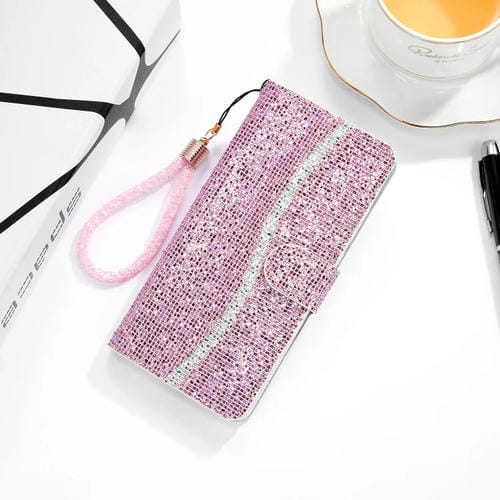Para Google Pixel 5A 5G Glitter Powder Horizontal Flip Funda de cuero con ranuras y soporte para tarjetas y cordón (rosa)