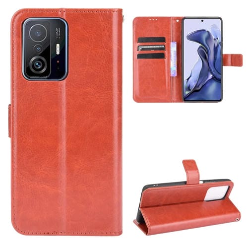 Para Xiaomi MI 11T / 11T Pro Crazy Horse Texture Horizontal Flip Funda de cuero con soporte y ranuras para tarjetas y cordón (marrón)