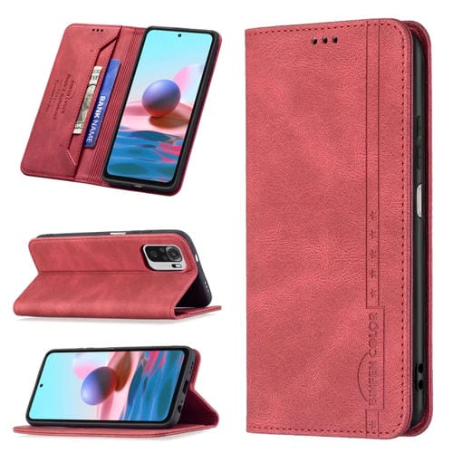 Para Xiaomi Redmi Note 10 4G / Nota 10s Funda de cuero antirrobo de bloqueo de RFID magnético con soporte y ranuras para tarjetas (rojo)