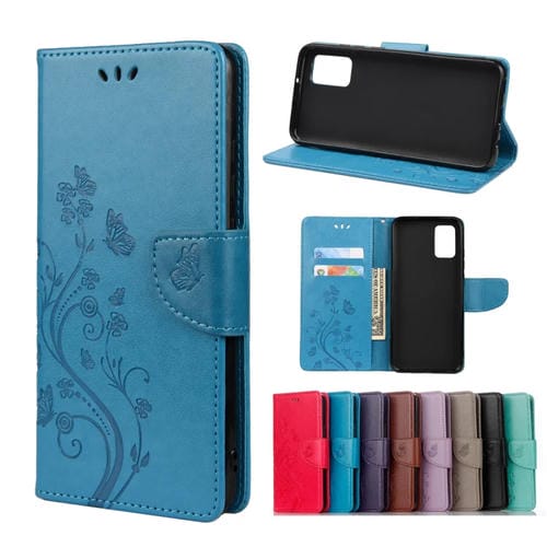 Para Xiaomi Redmi Note 11 Mariposa Flor Pattern Horizontal Flip de cuero Funda con ranura para tarjeta y soporte (azul)