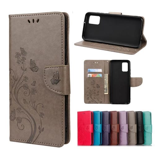 Para Xiaomi Redmi Note 11 Mariposa Flor Pattern Horizontal Flip de cuero Funda con ranura para tarjeta y soporte (gris)
