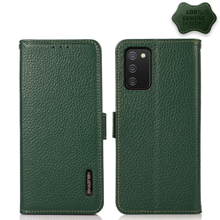 Caja del Teléfono Samsung Galaxy A03S 164mm Khazneh Side-Magntic Litchi Cuero Genuino Rfid (Verde)