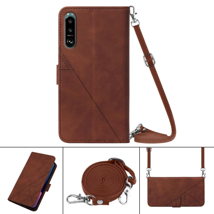 Funda para Sony Xperia 5 III Crossbody 3D de Cuero con Goma en Relieve (Marrón)