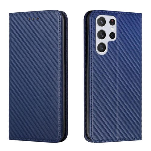 Para Samsung Galaxy S22 Ultra 5G Carbon Fiber Texture Titular de la funda de cuero (Azul)