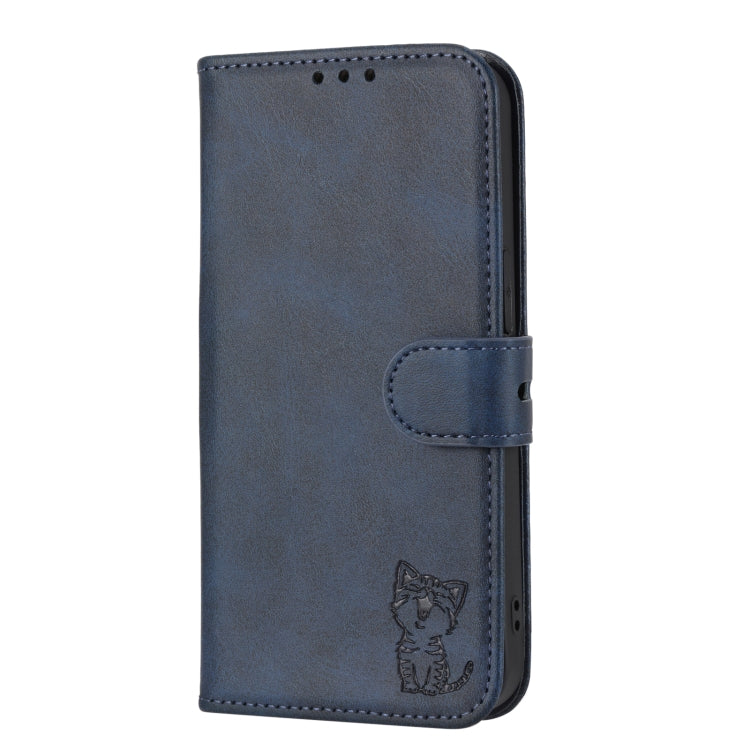 Estuche de Cuero para Sony Xperia 10 IV con Patrón de Gato Feliz en Relieve (Azul)