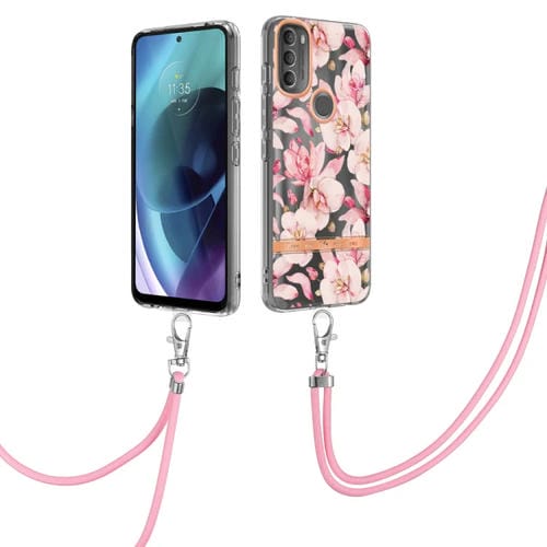 Para la caja TPU de la serie 5G Flowers Motorola G71 G71 con Lanyard (Pink Gardenia)