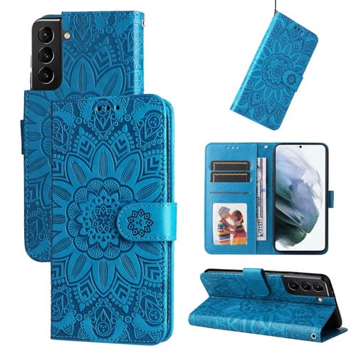 Para Samsung Galaxy S21+ 5G Estuche para teléfono de cuero con estampado de girasol en relieve (Azul)