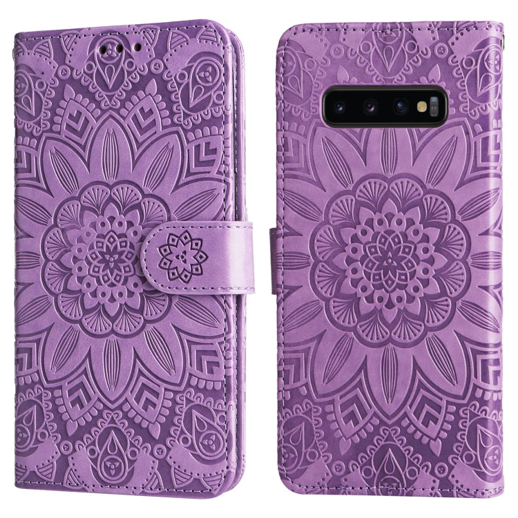 Para Samsung Galaxy S10+ Estuche para teléfono de cuero con estampado de girasol en relieve (púrpura)