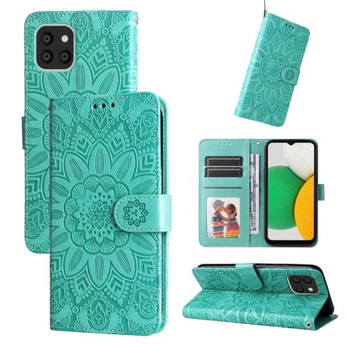 Funda de Teléfono Samsung Galaxy A03 Global 164mm Cuero Estampado Girasol En Relieve (Verde)