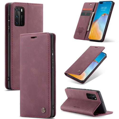 Para Huawei P40 CaseMe-013 Estuche de cuero con tapa horizontal multifuncional con ranura para tarjeta, soporte y billetera (rojo vino)