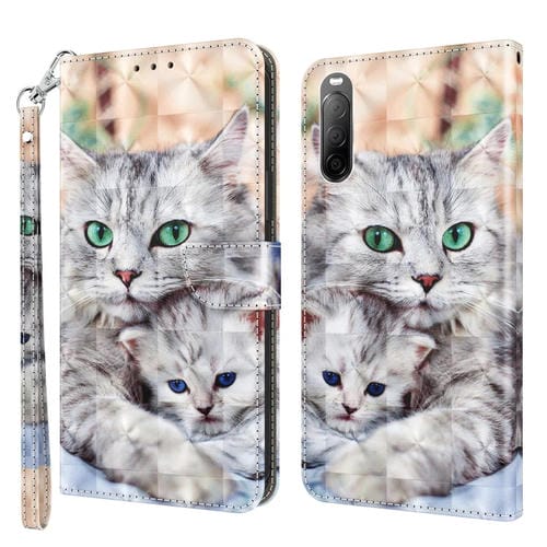 Estuche de Cuero 3D para Sony Xperia 10 II con Diseño Dos Gatos Amorosos