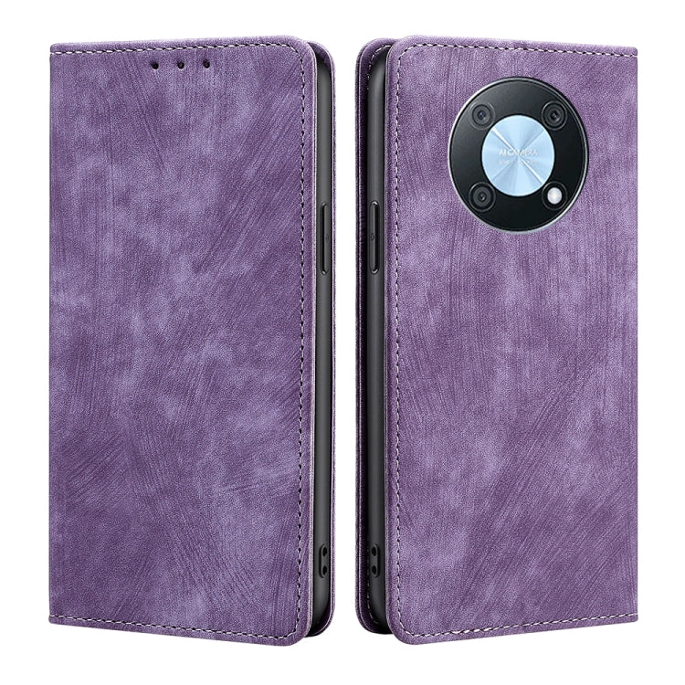Para Huawei nova Y90 4G RFID Funda de teléfono de cuero magnético con cepillo antirrobo (púrpura)