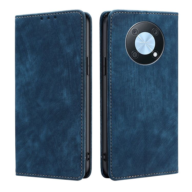 Para Huawei nova Y90 4G RFID Funda de teléfono de cuero magnético con cepillo antirrobo (Azul)