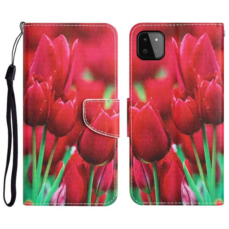 Para Samsung Galaxy A22 5G Estuche de teléfono de cuero con dibujo coloreado (Tulipanes)
