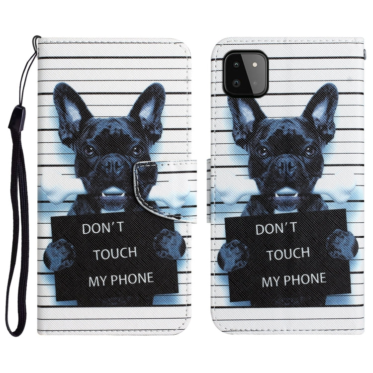 Para Samsung Galaxy A22 5G Caja de teléfono de cuero con dibujo coloreado (perro negro)