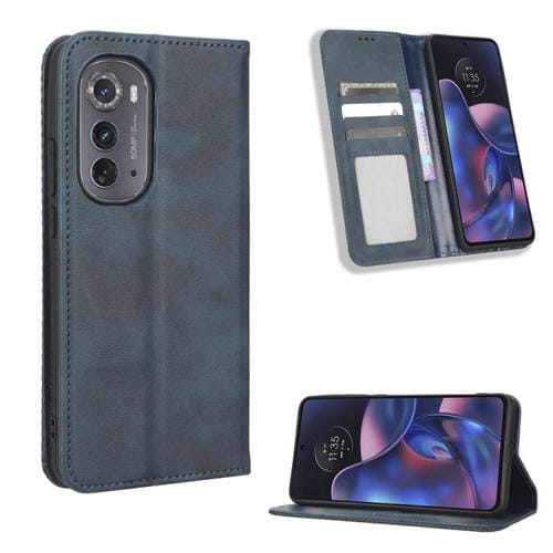 Funda de Cuero para Motorola Edge 2022 con Hebilla Magnética y Textura Retro (Azul)