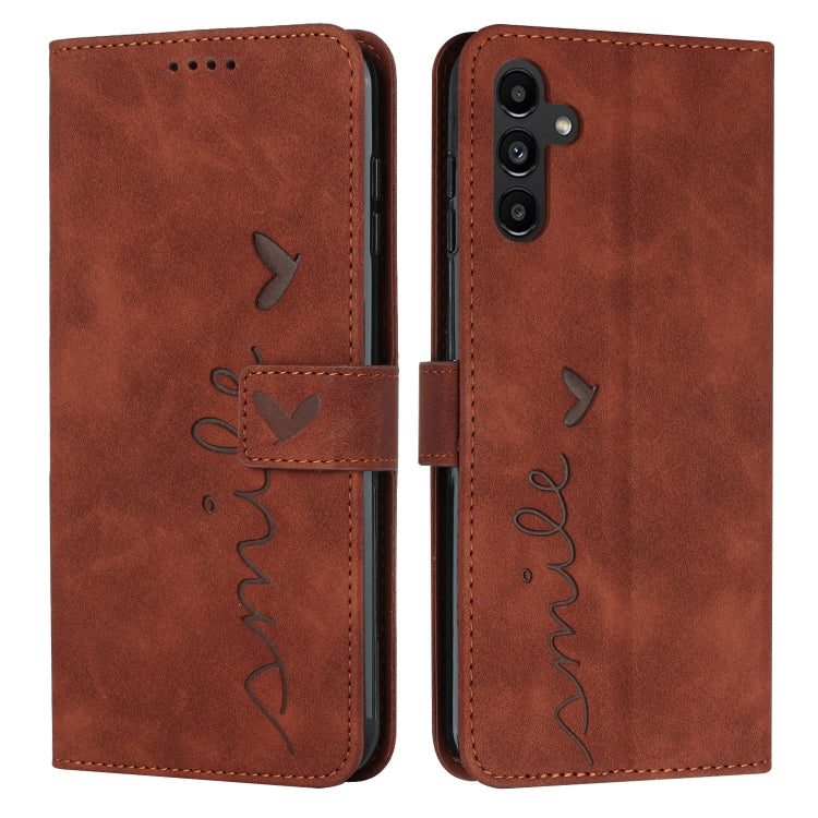 Para Samsung Galaxy A34 5G Skin Feel Heart Funda de cuero en relieve para teléfono (Marrón)