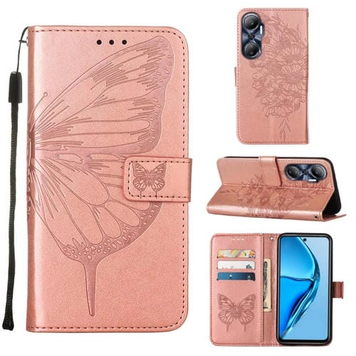 Estuche para Teléfono Infinix Hot 20 4G X6826 Cuero con Tapa Mariposa en Relieve (Oro Rosa)