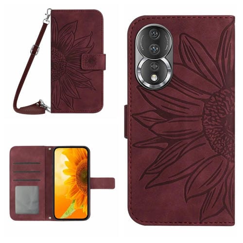 Funda de Cuero para Honor 80 HT04 con Tapa en Relieve y Cordón (Rojo Vino)