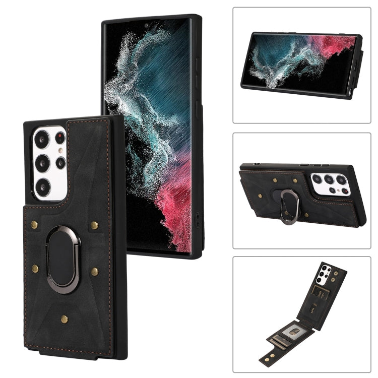 Para Samsung Galaxy S23 Ultra 5G Armor Ring Wallet Back Cover Phone Case (Negro)