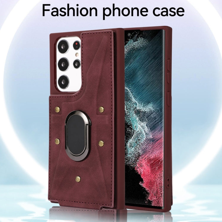 Para Samsung Galaxy S23 Ultra 5G Armor Ring Wallet Funda trasera para teléfono (rojo vino)