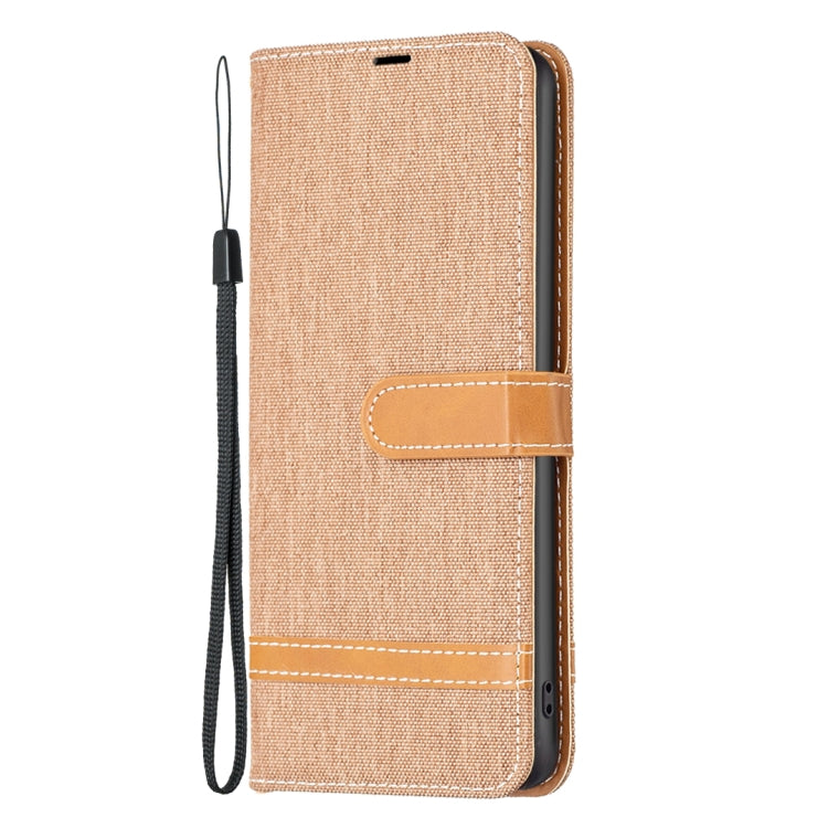 Para Samsung Galaxy M14 5G Color Block Denim Texture Leather Phone Case (marrón)