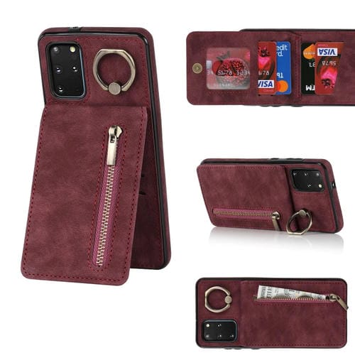 Estuche para Teléfono Samsung Galaxy S20+ con Ranura para Tarjeta Rfid, Anillo Retro y Cremallera (Rojo Vino)