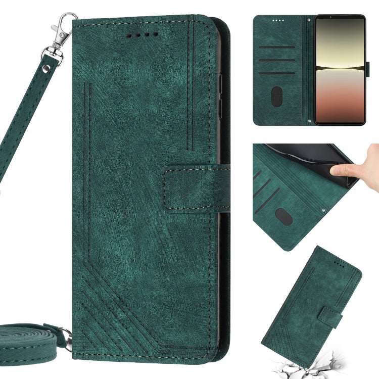 Funda de Cuero para Sony Xperia 10 V (2023) Skin Feel Stripe con Cordón (Verde)