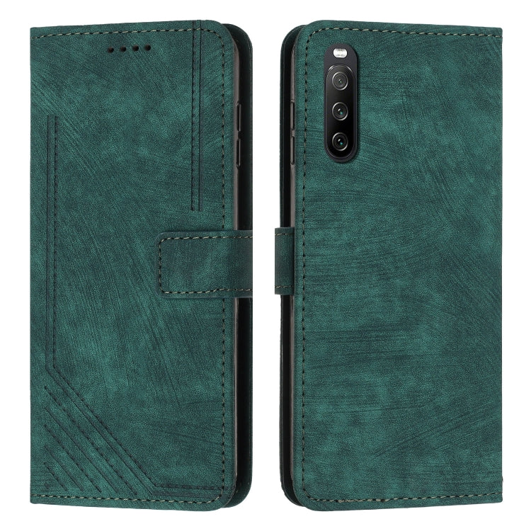 Funda de Cuero para Sony Xperia 10 V (2023) Skin Feel Stripe con Cordón (Verde)