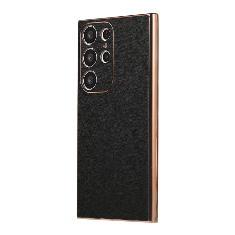 Para Samsung Galaxy S23 Ultra 5G Cuero Genuino Serie Luolai Nano Plating Phone Case (Negro)