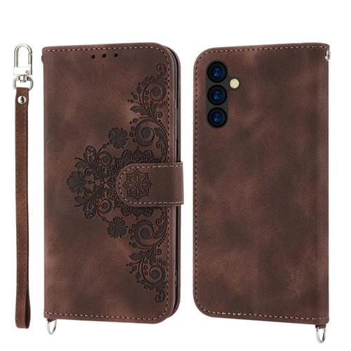 Para Samsung Galaxy M14 5G Global Skin-feel Flowers Funda de cuero con billetera en relieve para teléfono (Marrón)