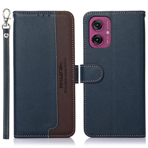 Funda de Cuero Khazneh Rfid para Motorola Moto G55 5G (Azul) con Textura de Lichi