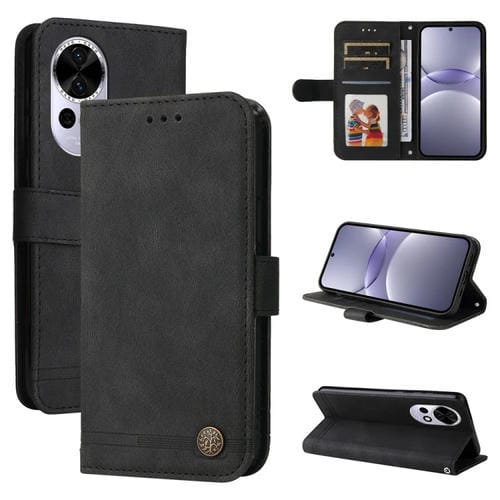 Funda de Cuero con Botones de Metal y Árbol de la Vida para Huawei Nova 13/Nova 12 (Negro)