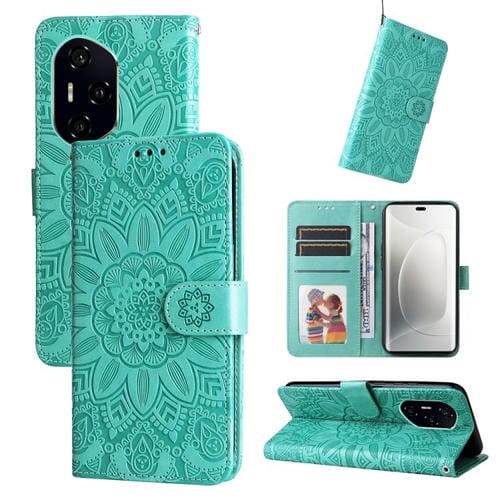 Funda de Cuero con Relieve de Girasol para Honor 300 Pro (Verde)