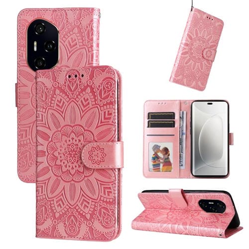 Funda de Cuero con Relieve de Girasol para Honor 300 Pro (Oro Rosa)