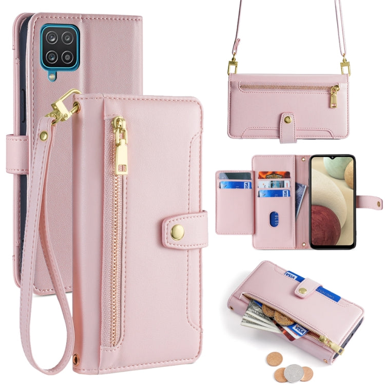 Estuche de Cuero Samsung Galaxy A12 con Billetera y Cremallera Cuerpo Cruzado Textura de Oveja (Rosa)