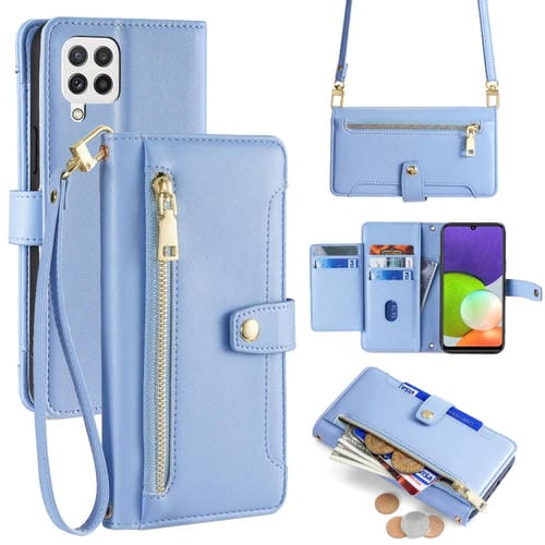 Funda para Teléfono Samsung Galaxy A22 4G Lite Cuero con Billetera y Cremallera Cuerpo Cruzado (Azul)