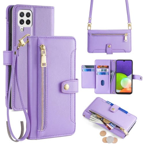 Funda para Samsung Galaxy A22 4G Lite Cuero con Billetera y Cremallera Cuerpo Cruzado (Púrpura)